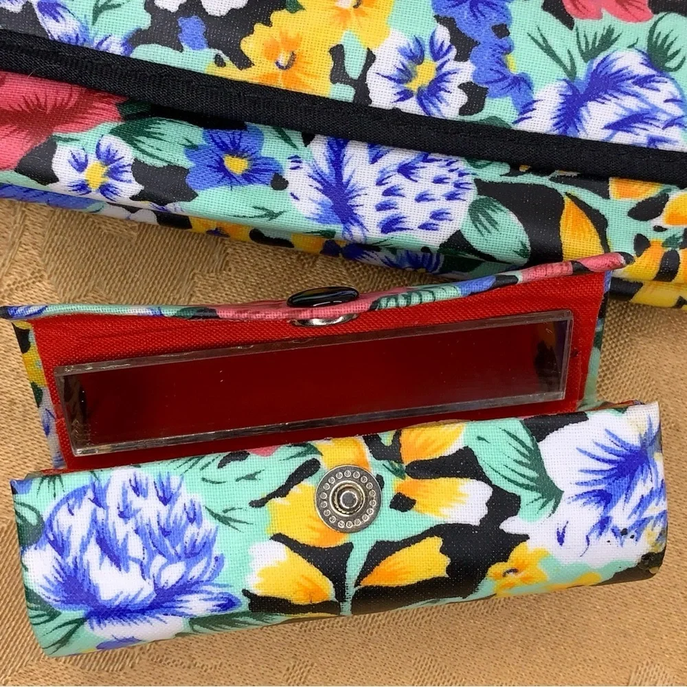 Cosmetic Bag And Lipstick Case Set Of 2 Gift Makeup Colorful Floral Blue Yellow